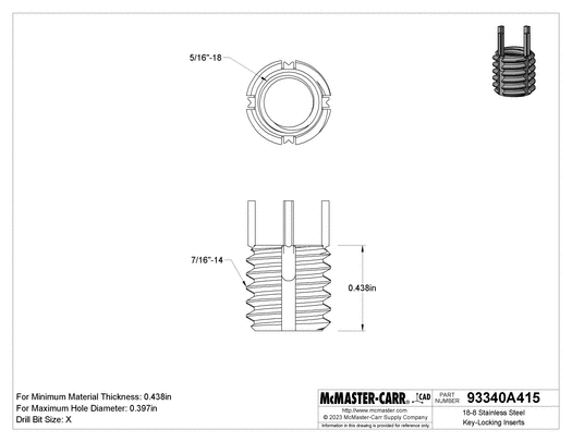 McMaster 93340A415 18-8 Stainless Steel Key-Locking Insert with Thin Wall, 5/16"-18 Thread Size