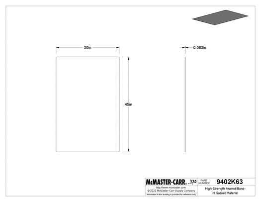 McMaster 9402K63 High-Strength Aramid/Buna-N Gasket Material Oil-Resistant, 1/16" Thick, 30" x 45"