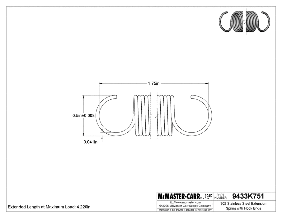 McMaster 9433K751 302 Stainless Steel Extension Spring with Hook Ends 1.75" Long, 0.5" OD, 0.041" Wire Diameter