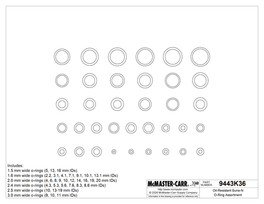 McMaster 9443K36 Oil-Resistant Buna-N O-Ring Assortment, 500 Metric Pieces