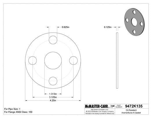 McMaster 9472K633 Oil-Resistant Aramid-Reinforced Buna-N Gasket with Bolt Holes, for 1 Pipe Size, ANSI Class 150 Thickness 1/8 in