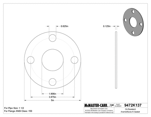McMaster 9472K635 Oil-Resistant Aramid/Buna-N Gasket with Bolt Holes, for 1-1/2 Pipe Size, ANSI Class 150, 1/16" Thick