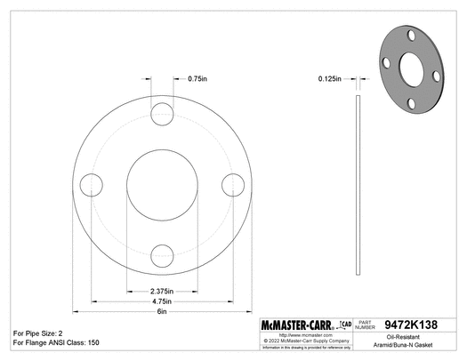 McMaster 9472K636 Oil-Resistant Aramid/Buna-N Gasket with Bolt Holes, for 2 Pipe Size, ANSI Class 150, 1/16" Thick