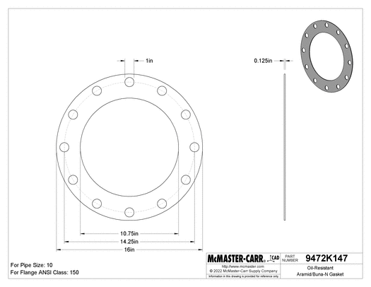 McMaster 9472K645 Oil-Resistant Aramid/Buna-N Gasket with Bolt Holes, for 10 Pipe Size, ANSI Class 150