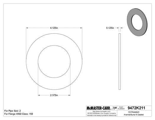 McMaster 9472K616 Oil-Resistant Aramid/Buna-N Gasket for 2 Pipe Size, ANSI Class 150, 1/8 in Thick