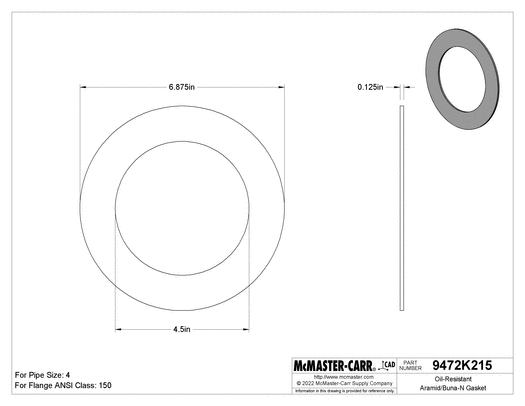 McMaster 9472K621 Oil-Resistant Aramid/Buna-N Gasket for 4 Pipe Size, ANSI Class 150, 1/16" Thick