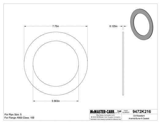 McMaster 9472K622 Oil-Resistant Aramid/Buna-N Gasket for 5 Pipe Size, ANSI Class 150, 1/16" Thick
