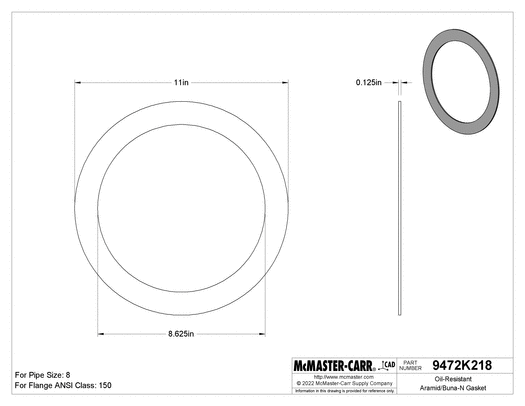 McMaster 9472K624 Oil-Resistant Aramid/Buna-N Gasket for 8 Pipe Size, ANSI Class 150, 1/8" Thick