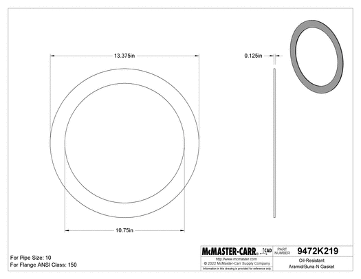 McMaster 9472K625 Oil-Resistant Aramid/Buna-N Gasket for 10 Pipe Size, ANSI Class 150, 1/8" Thick