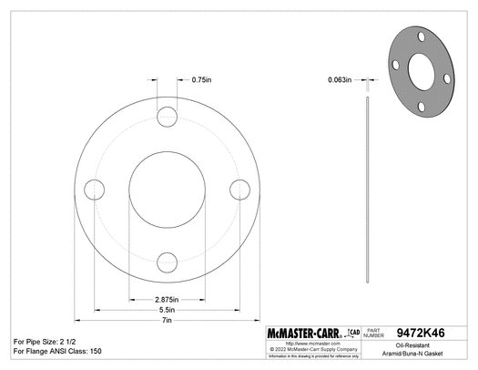 McMaster 9472K637 Oil-Resistant Aramid-Reinforced Buna-N Gasket with Bolt Holes, for 2-1/2 Pipe Size, ANSI Class 150