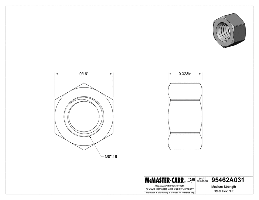 McMaster 95462A031 Medium-Strength Steel Hex Nut Grade 5, Zinc-Plated, 3/8"-16 Thread Size PK100