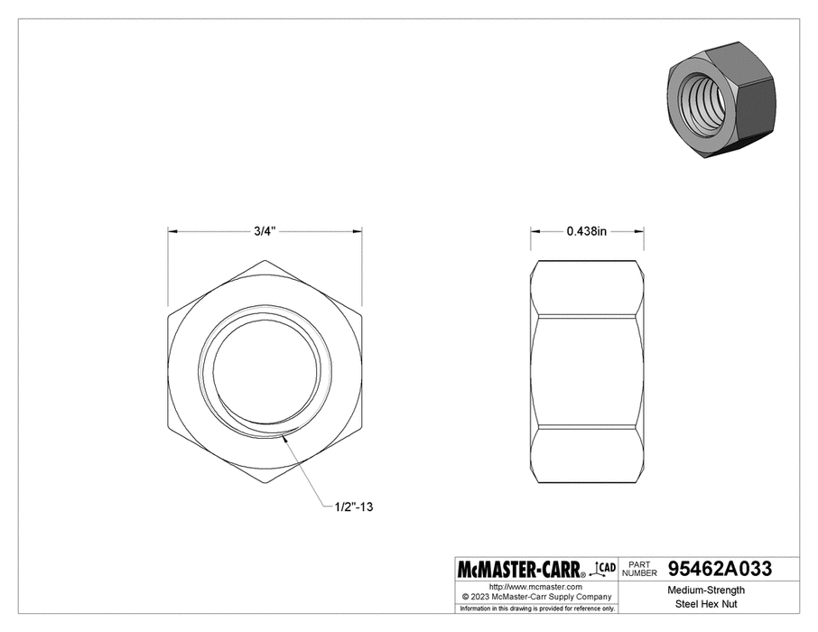 McMaster 95462A033 Medium-Strength Steel Hex Nut Grade 5, Zinc-Plated, 1/2"-13 Thread Size PK100