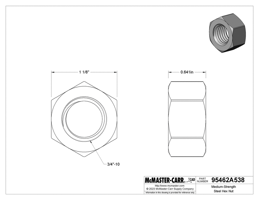 McMaster 95462A538 Medium-Strength Steel Hex Nut Grade 5, Zinc-Plated, 3/4"-10 Thread Size PK25