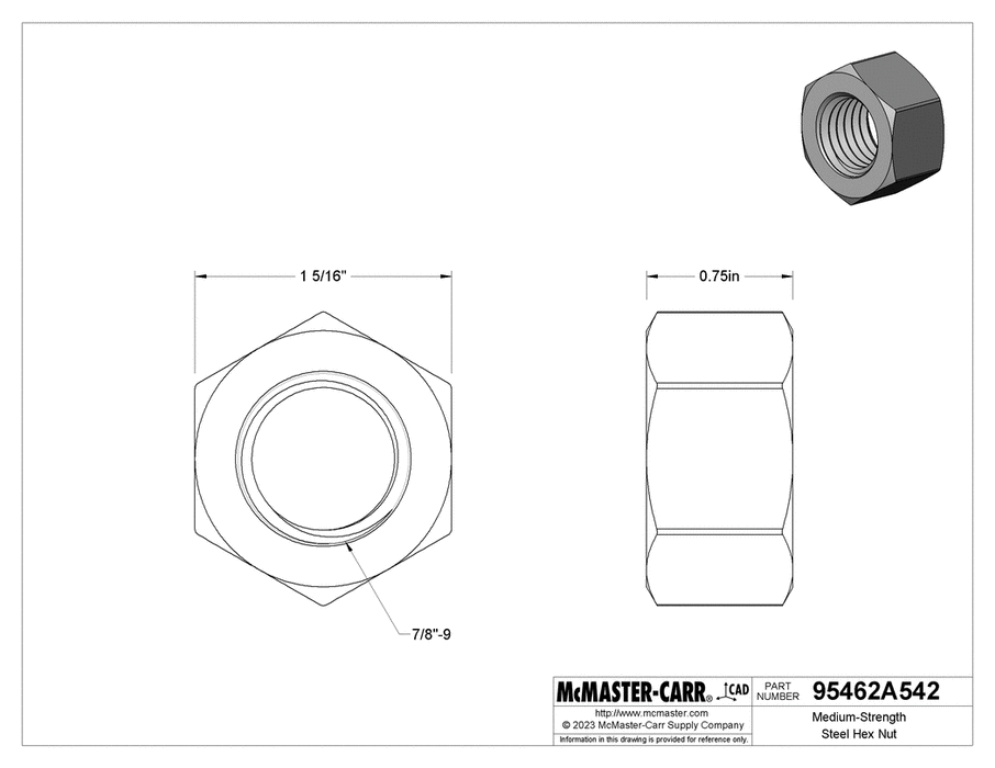 McMaster 95462A542 Medium-Strength Steel Hex Nut Grade 5, Zinc-Plated, 7/8"-9 Thread Size PK10