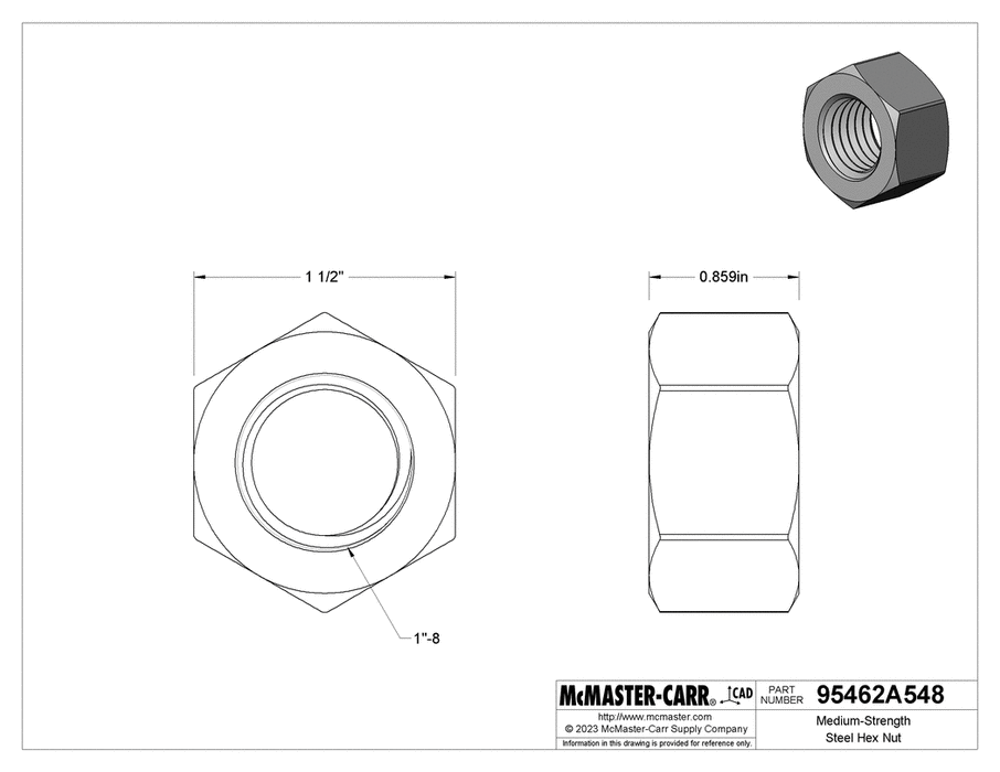 McMaster 95462A548 Medium-Strength Steel Hex Nut Grade 5, Zinc-Plated, 1"-8 Thread Size PK10