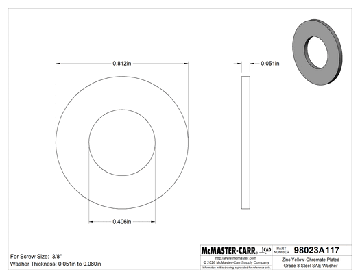 McMaster 98023A117 Zinc Yellow-Chromate Plated SAE Grade 8 Steel Washer, for 3/8" Screw Size, 0.406" ID, 0.812" OD, US Origin, Pack of 50