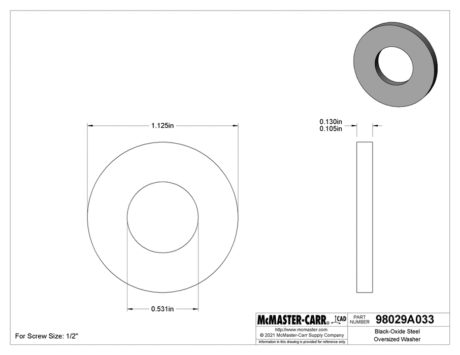 McMaster 98029A033 Black-Oxide Steel Washer for 1/2" Screw Size, General Purpose, 0.531" ID