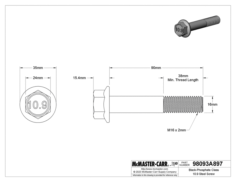 McMaster 98093A897 Black-Phosphate Class 10.9 Steel Screw Flanged Hex Head, M16 x 2.00mm, 90mm Long PK5
