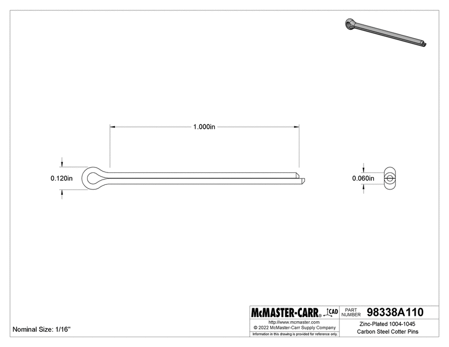 McMaster 98338A110 Zinc-Plated Carbon Steel Cotter Pins 1/16" Diameter, 1" Long PK100