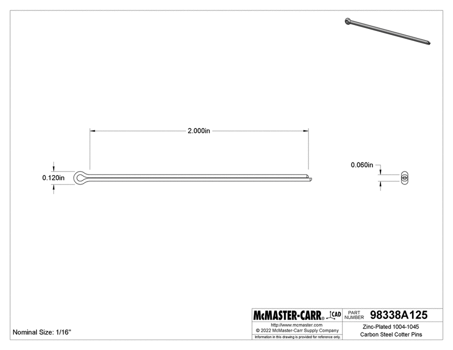 McMaster 98338A125 Zinc-Plated Carbon Steel Cotter Pins 1/16" Diameter, 2" Long PK100