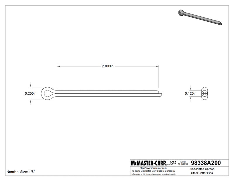 McMaster 98338A200 Zinc-Plated Carbon Steel Cotter Pins 1/8" Diameter, 2" Long PK100