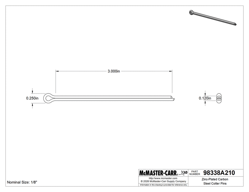 McMaster 98338A210 Zinc-Plated Carbon Steel Cotter Pins 1/8" Diameter, 3" Long PK100