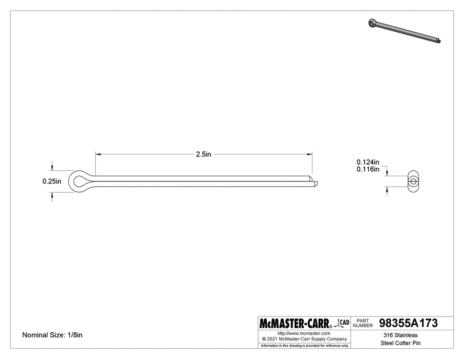 McMaster 98355A173 316 Stainless Steel Cotter Pin 1/8" Diameter, 2-1/2" Long
