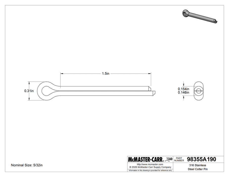 McMaster 98355A190 316 Stainless Steel Cotter Pin 5/32" Diameter, 1-1/2" Long PK25