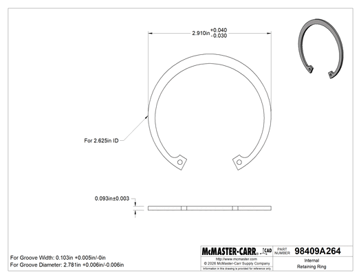 McMaster 98409A264 Internal Retaining Ring, for 2-5/8" ID, Zinc Yellow-Chromate-Plated Spring Steel, Pack of 5