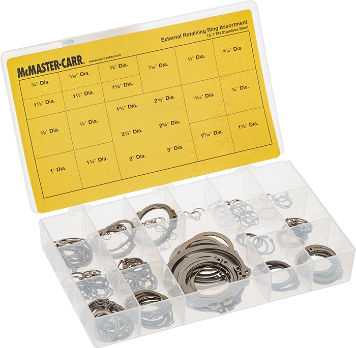 McMaster 98552A153 External Retaining Ring Assortment, for Inches with 218 Pieces, 15-7 PH Stainless Steel