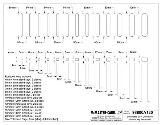 McMaster 98800A130 Zinc-Plated Steel Undersized Machine Key Assortment Rounded, with 25 Pieces