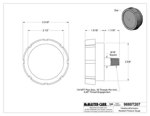 McMaster 9880T21 Vibration-&Corrosion-Resistant Pressure Gauge, High-Clarity, 1/4 NPT Center Back Connection, 2-1/2" Dial