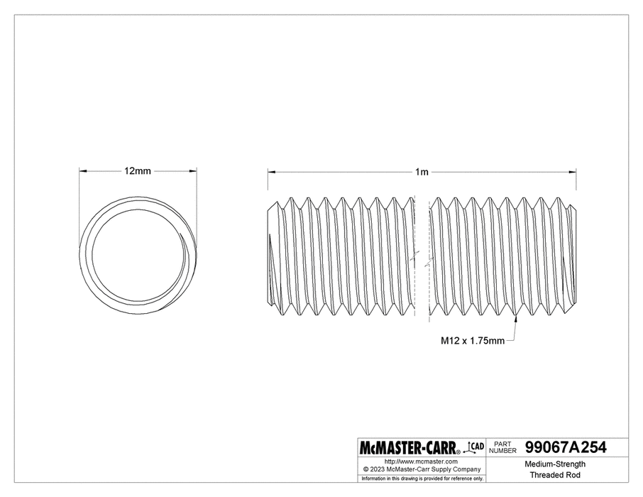 McMaster 99067A254 Medium-Strength Threaded Rod Class 8.8 Zinc-Plated Steel, M12 x 1.75 mm Thread, 1 M Long