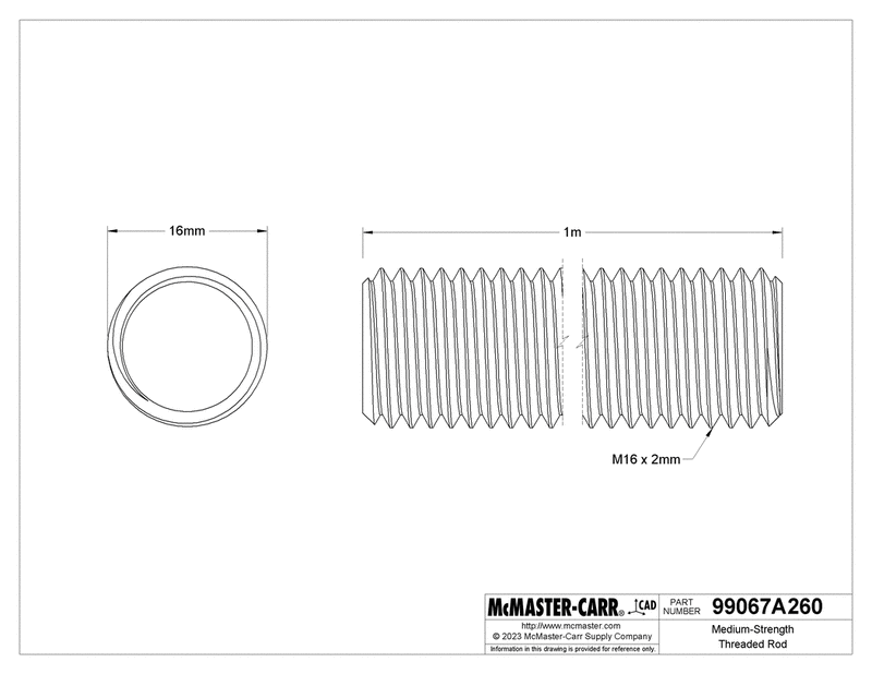 McMaster 99067A260 Medium-Strength Threaded Rod Class 8.8 Zinc-Plated Steel, M16 x 2 mm Thread Size, 1 M Long