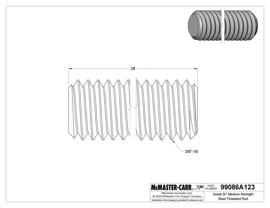 McMaster 99086A123 Grade B7 Medium-Strength Steel Threaded Rod Zinc Yellow-Chromate Plated, 3/8"-16 Thread Size, 3 Feet Long