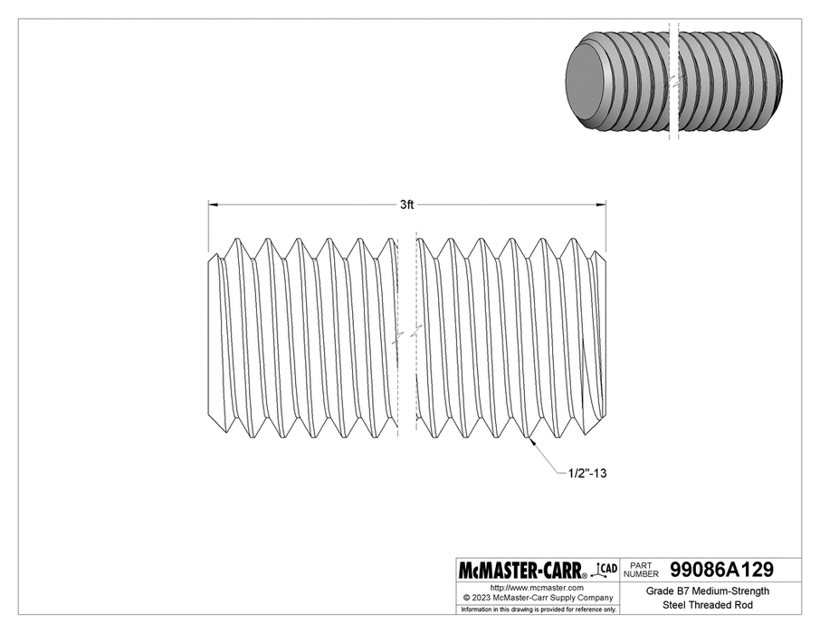 McMaster 99086A129 Grade B7 Medium-Strength Steel Threaded Rod Zinc Yellow-Chromate Plated, 1/2"-13 Thread Size, 3 Feet Long