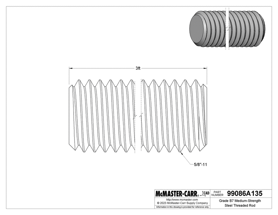McMaster 99086A135 Grade B7 Medium-Strength Steel Threaded Rod Zinc Yellow-Chromate Plated, 5/8"-11 Thread Size, 3 Feet Long