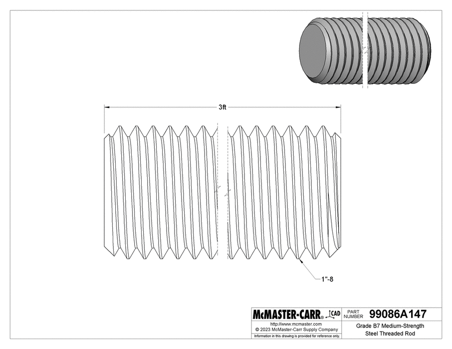 McMaster 99086A147 Grade B7 Medium-Strength Steel Threaded Rod Zinc Yellow-Chromate Plated, 1"-8 Thread Size, 3 Feet Long