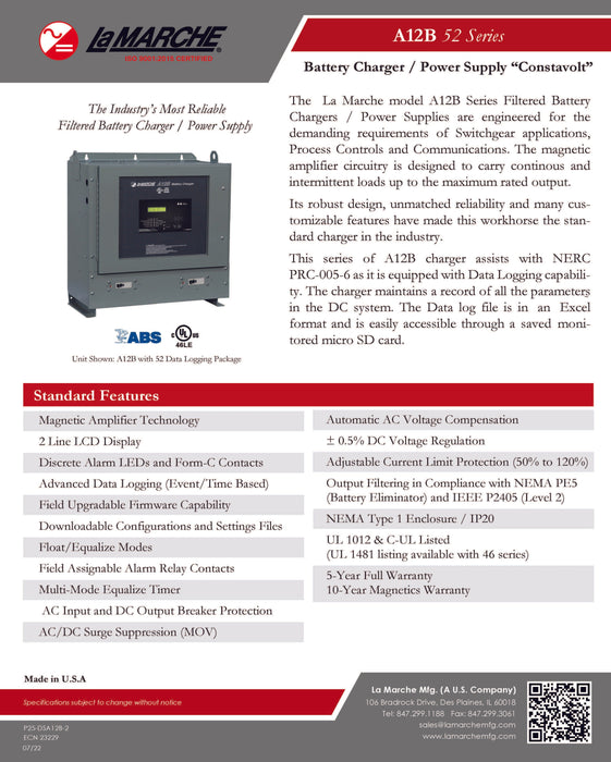 La Marche A12B - 40 - 24V - C3 - 12L - 03375 Battery Charger 40A, 24V, 60Hz 480VAC, 3Ph - KVM Tools Inc.KVA12B - 40 - 24V - C3 - 12L - 03375