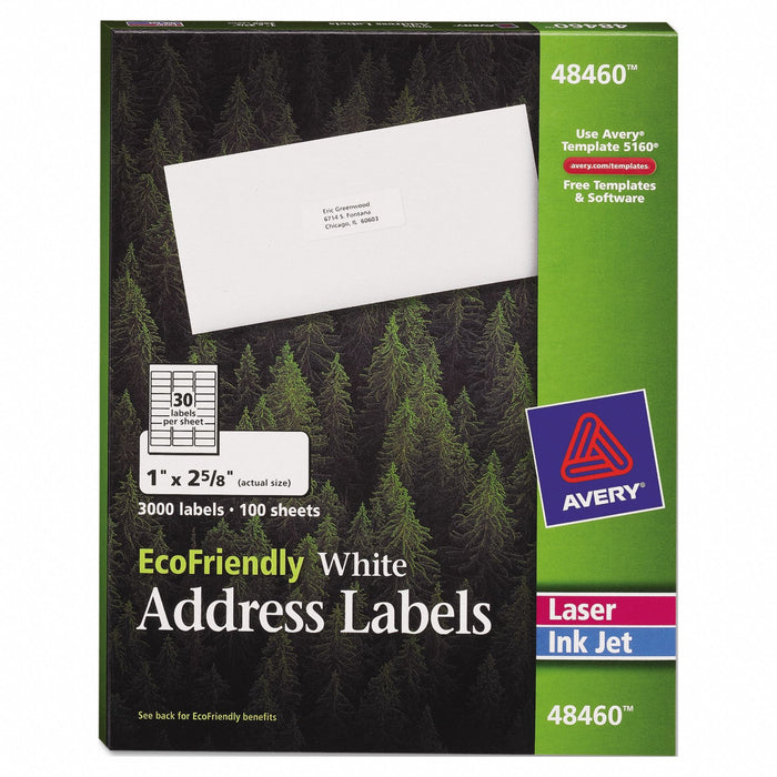 Avery AVE48460 Laser/Inkjet Label, 48460, White, 1 in Label Ht, 2 5/8 in Label Wd, 3, 000 Labels, 3, 000 PK