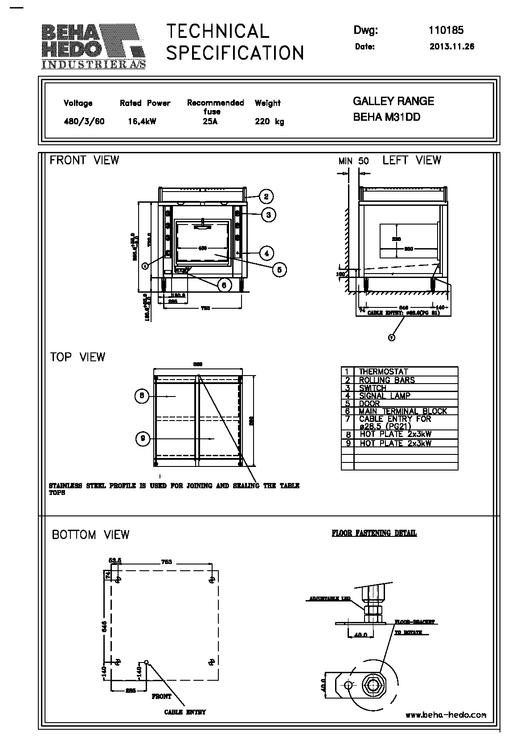 Beha Hedo M31 DD Cooking Range 480/3/60 - KVM Tools Inc.KVM31DD