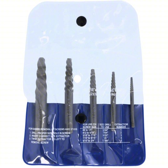 Cleveland C00906 Screw Extractor Set 5 Pc, Spiral Flute, Size #1/#2/#3/#4/#5, #8 to 3/4 in Capacity - KVM Tools Inc.KV807RD4