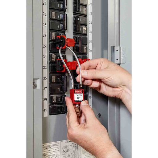 Brady 146124 Compact Nylon Padlock 8 in Steel Shackle KD Red with 15.75 in Cable - KVM Tools Inc.KV146124