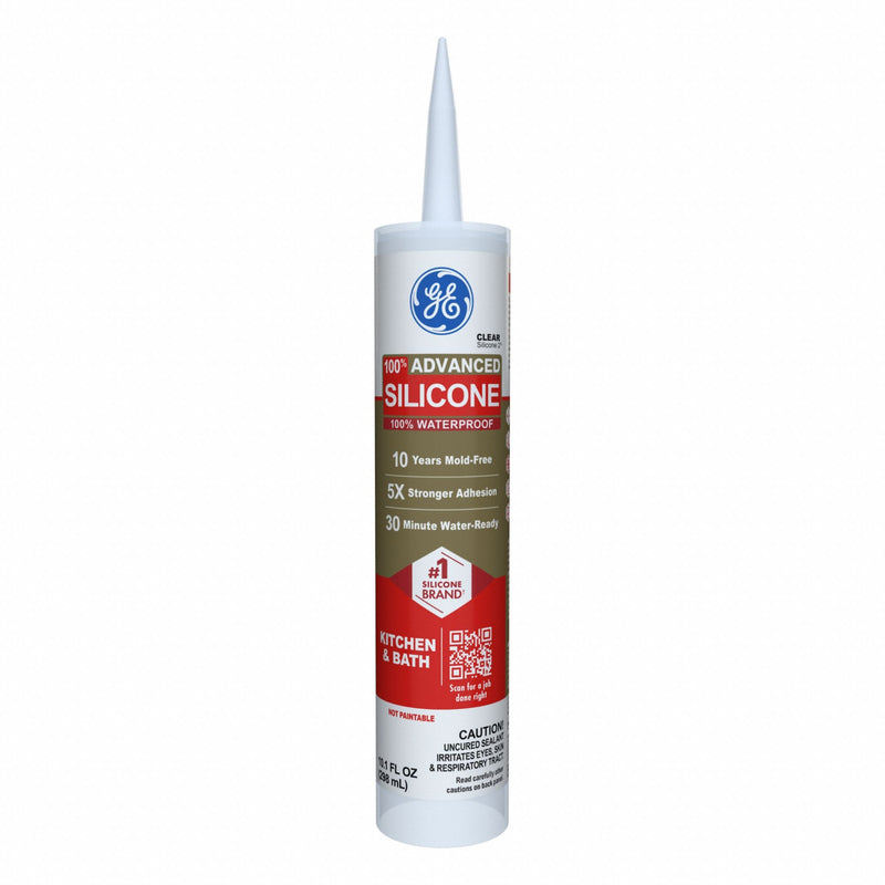 GE 2812562 Silicone Sealant, Advanced Silicone, Clear, 10 oz, Cartridge, 301% to 500% Elongation Range