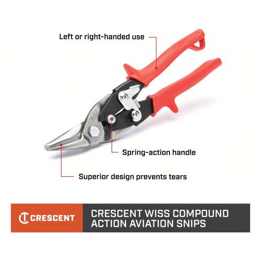Crescent Wiss M1R Aviation Snip Left, 9 3/4 in Overall Lg, 1 1/2 in Cutting Lg, Steel, Plastic, Steel - KVM Tools Inc.KV4X863