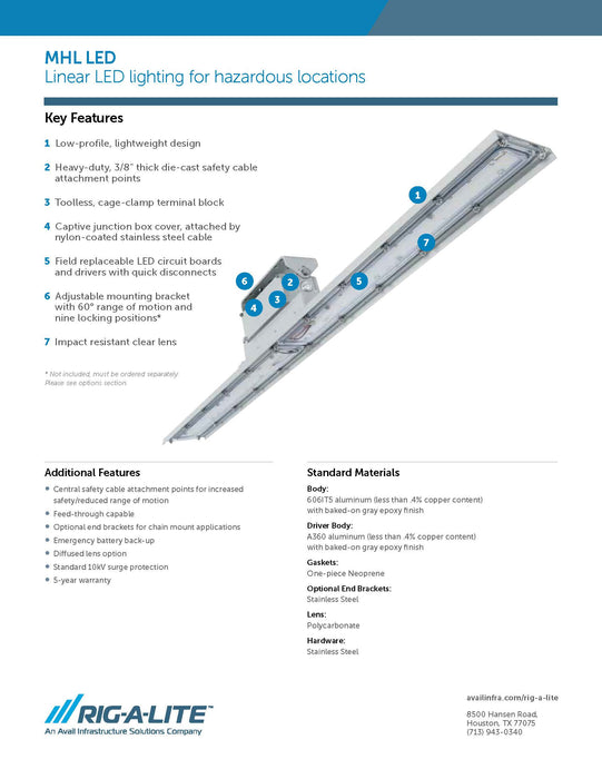 Rig-A-Lite MHL07LC4UMB Linear LED Lighting, Hazardous Location, 4' 54W, Clear, 120-277V - KVM Tools Inc.KVMHL07LC4UMB
