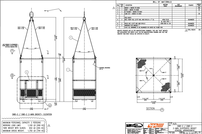 Billy Pugh OMB-2 (2) Person OSHA Man Basket 4' x 4' x 7' Sling Sold Separately - KVM Tools Inc.KVOMB-2