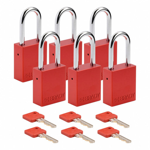 Brady SDAL-RED-38ST-KA6 Padlock, Keyed Alike, Aluminum, Std Body Body Size, Steel, Std, Red, 6 Pack Size, Aluminum