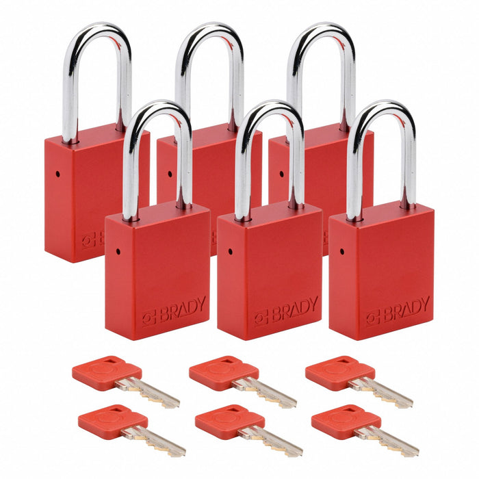 Brady SDAL-RED-38ST-KA6 Padlock, Keyed Alike, Aluminum, Std Body Body Size, Steel, Std, Red, 6 Pack Size, Aluminum