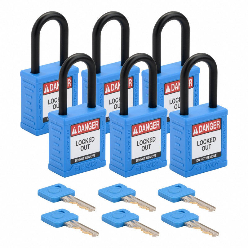 Brady SDPL-BLU-38PL-KD6 Padlock, Keyed Different, Nylon, Std Body Body Size, Plastic, Std, Blue, 6 Pack Size, Plastic
